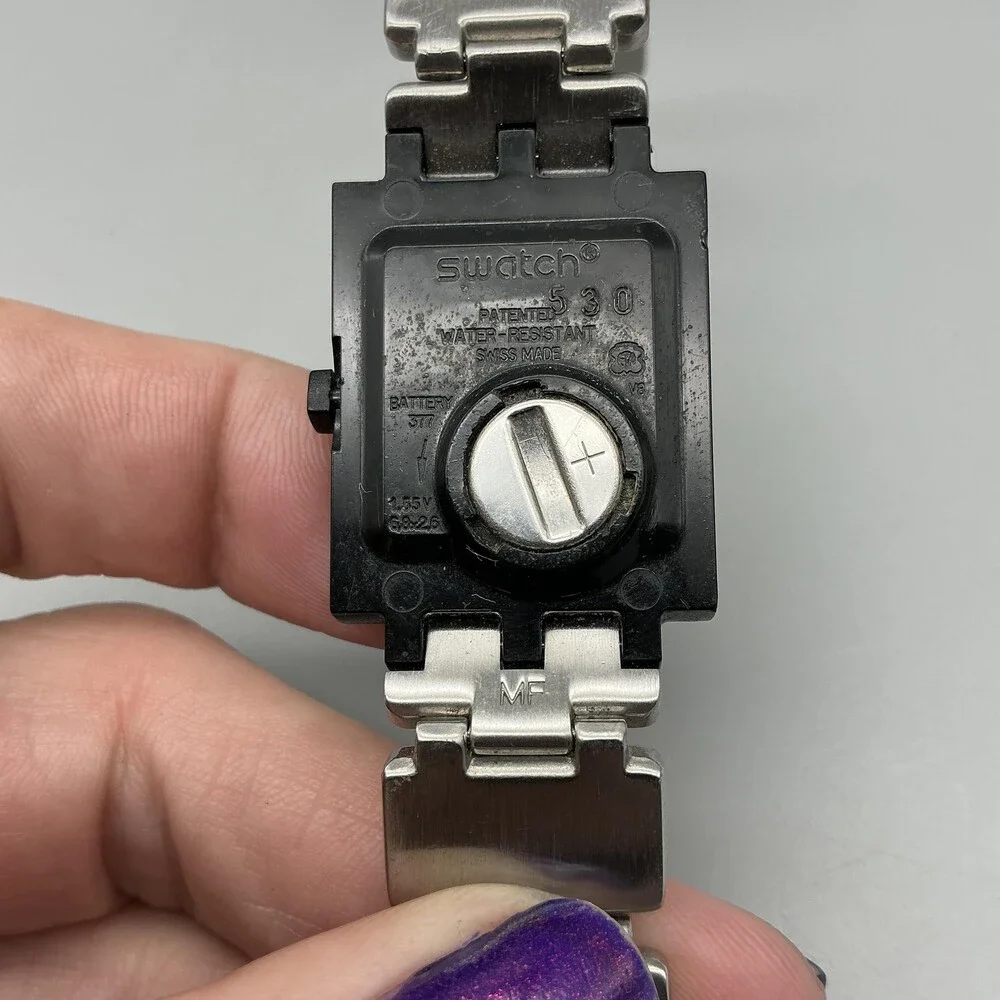 Vintage Swatch Womens Watch 24mm Silver Tone Black Floral Swiss New Battery 7